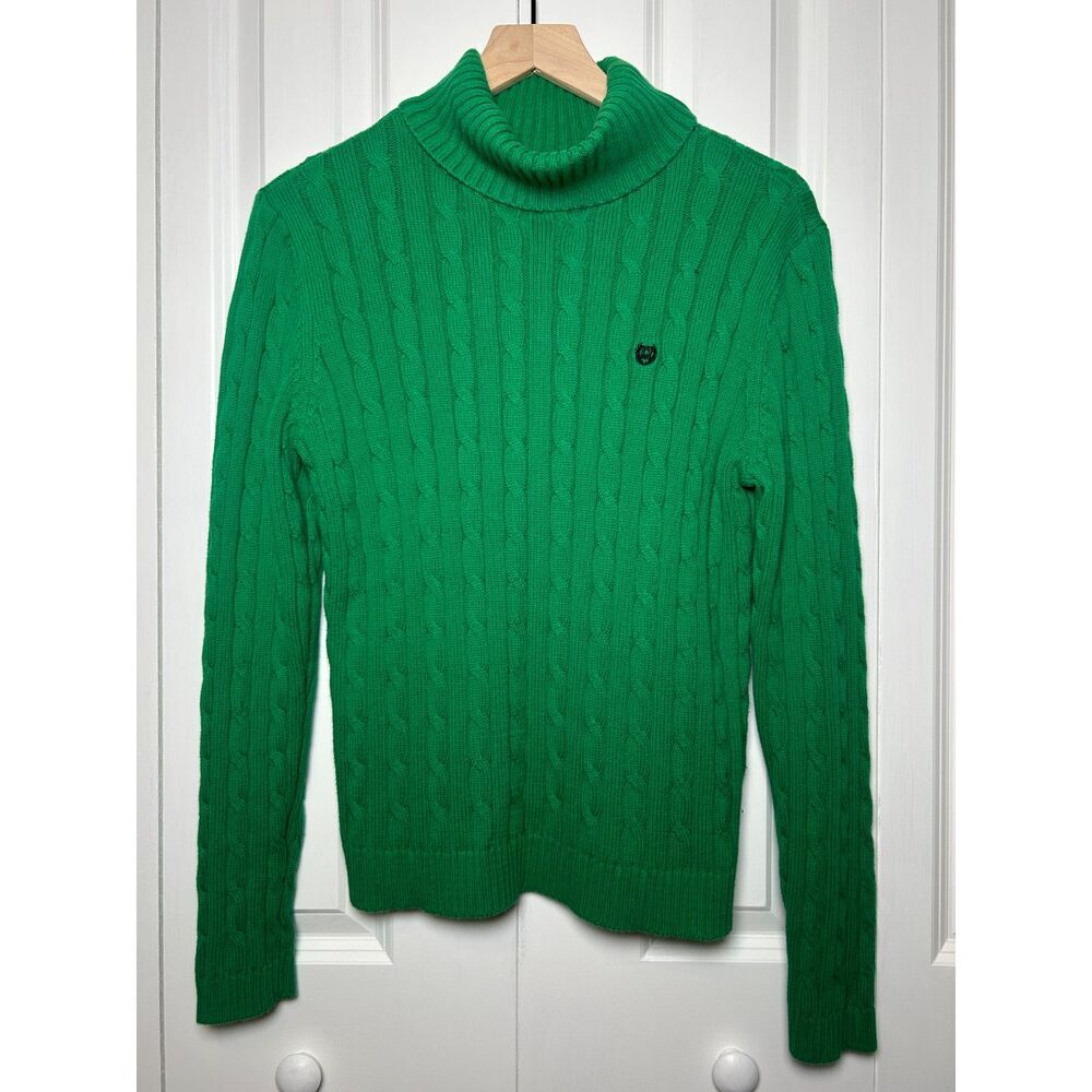 Chaps Green Cable Knit Turtleneck Sweater Size Large 100% Cotton